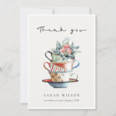 Pastel Soft Red Blue Stacked Cups Floral Tea Party Thank You Card (Front)