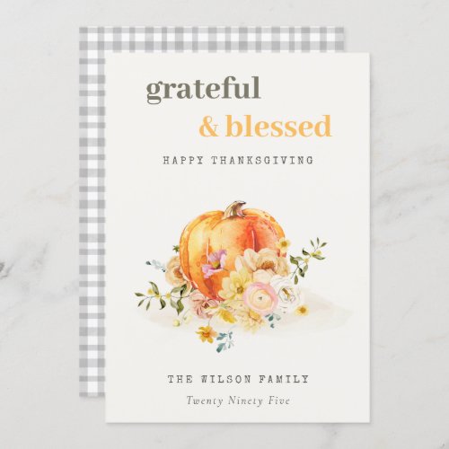 Pastel Soft Watercolor Floral Pumpkin Thanksgiving Holiday Card