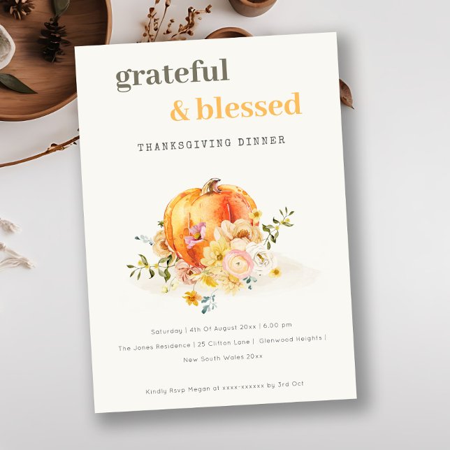 Pastel Soft Watercolor Floral Pumpkin Thanksgiving Holiday Card (Creator Uploaded)