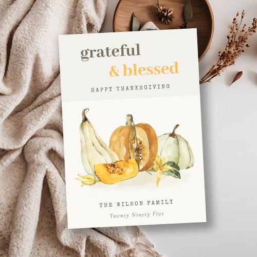 Pastel Soft Watercolor Floral Pumpkin Thanksgiving Holiday Card