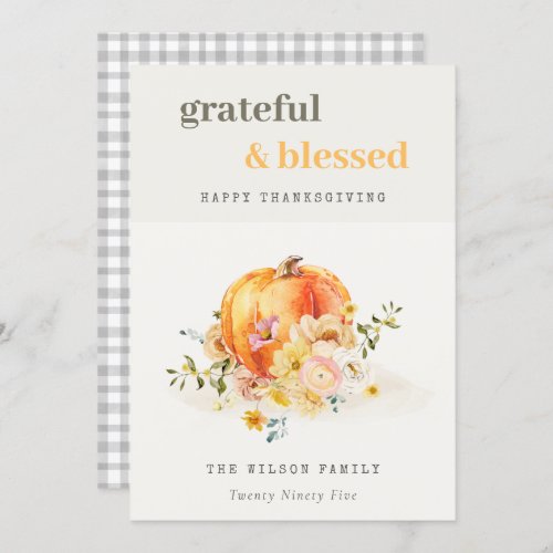 Pastel Soft Watercolor Floral Pumpkin Thanksgiving Holiday Card