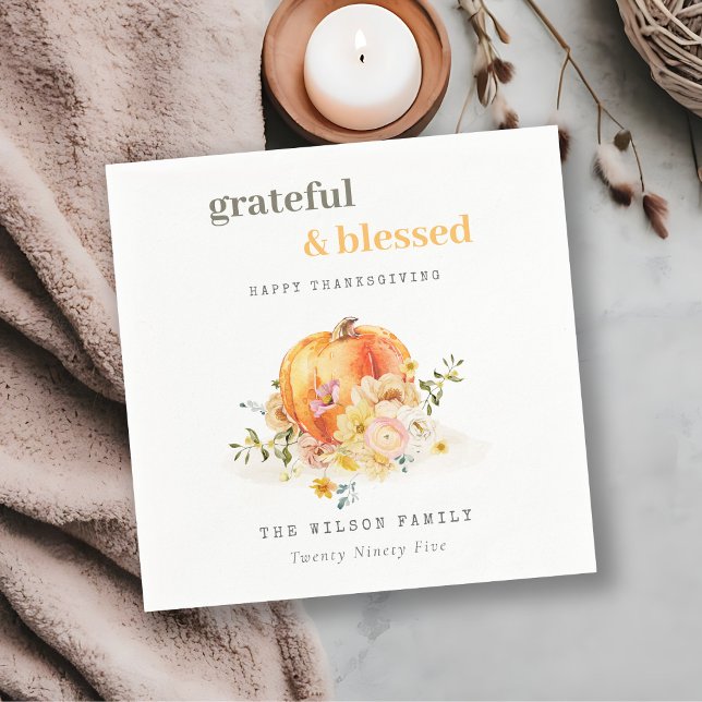 Pastel Soft Watercolor Floral Pumpkin Thanksgiving Napkins (Creator Uploaded)