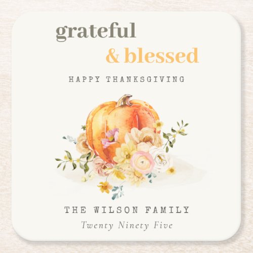 Pastel Soft Watercolor Floral Pumpkin Thanksgiving Square Paper Coaster