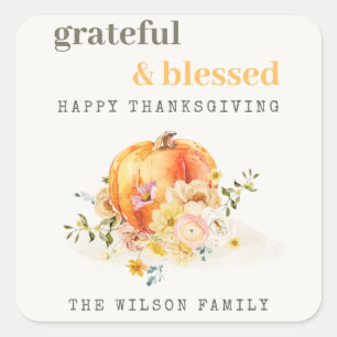 Pastel Soft Watercolor Floral Pumpkin Thanksgiving Square Sticker