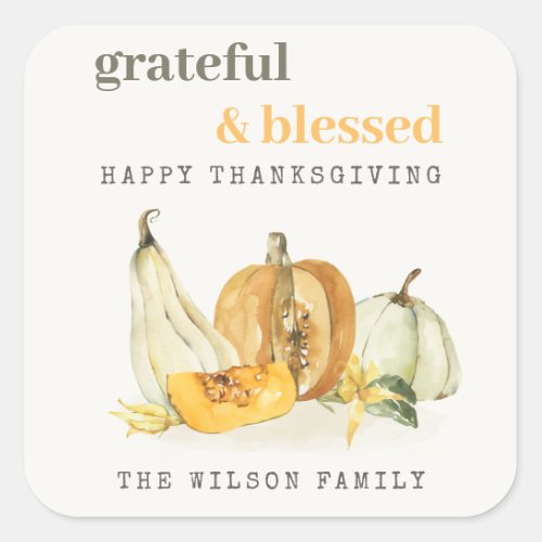 Pastel Soft Watercolor Floral Pumpkin Thanksgiving Square Sticker