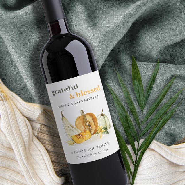 Pastel Soft Watercolor Floral Pumpkin Thanksgiving Wine Label (Creator Uploaded)