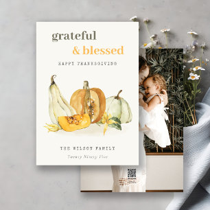 Pastel Soft Watercolor Photo Pumpkin Thanksgiving Holiday Card