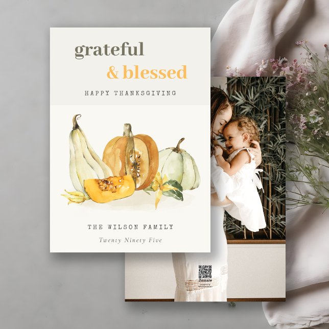 Pastel Soft Watercolor Photo Pumpkin Thanksgiving Holiday Card (Creator Uploaded)