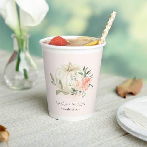 Pastel Soft White Pumpkin Blush Floral Wedding Pap Paper Cups