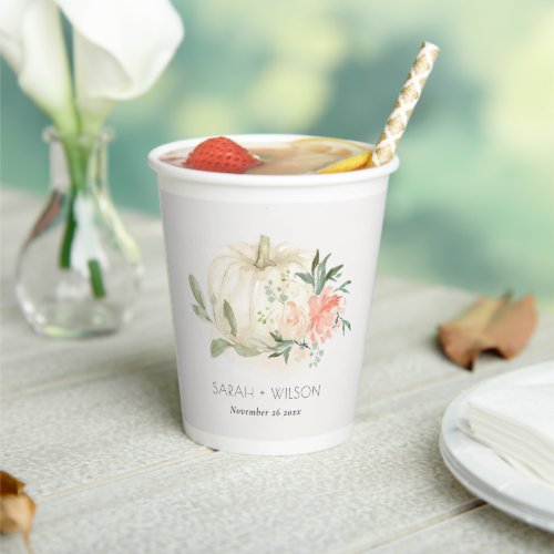 Pastel Soft White Pumpkin Blush Floral Wedding Paper Cups