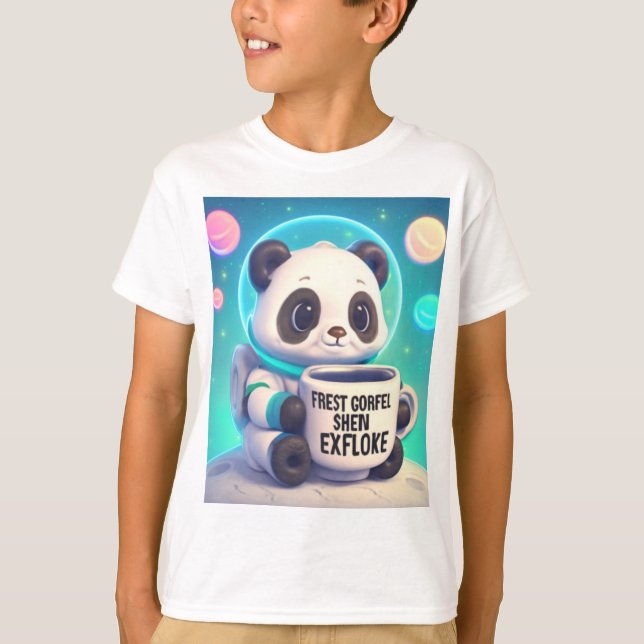 Pastel Space Panda Astronaut with Coffee T-Shirt (Front)
