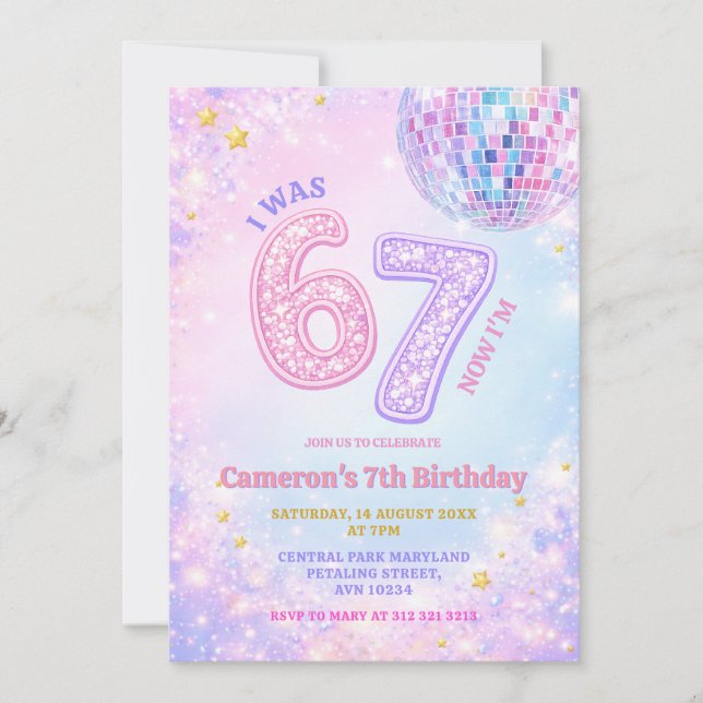 Pastel Sparkle Disco Glam 67 Kids Birthday Party Invitation (Front)