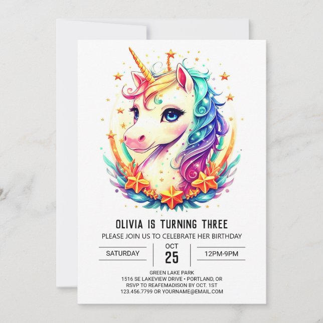 Pastel Sparkling Unicorn Birthday Invitation (Front)