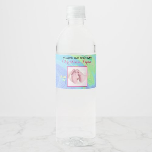 Pastel Spiral Welcome Baby Birth Sip  See Party Water Bottle Label