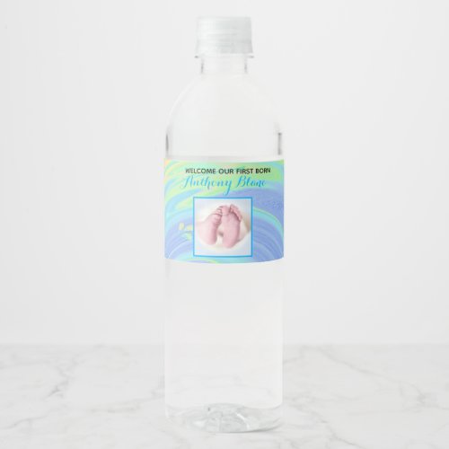 Pastel Spiral Welcome Baby Boy Sip  See Party Water Bottle Label
