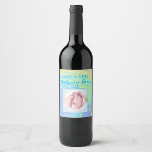 Pastel Spiral Welcome Baby Boy Sip  See Party Wine Label