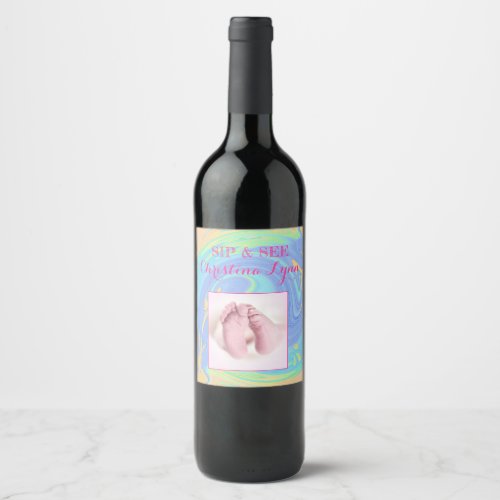 Pastel Spiral Welcome Baby Girl Sip  See Party Wine Label