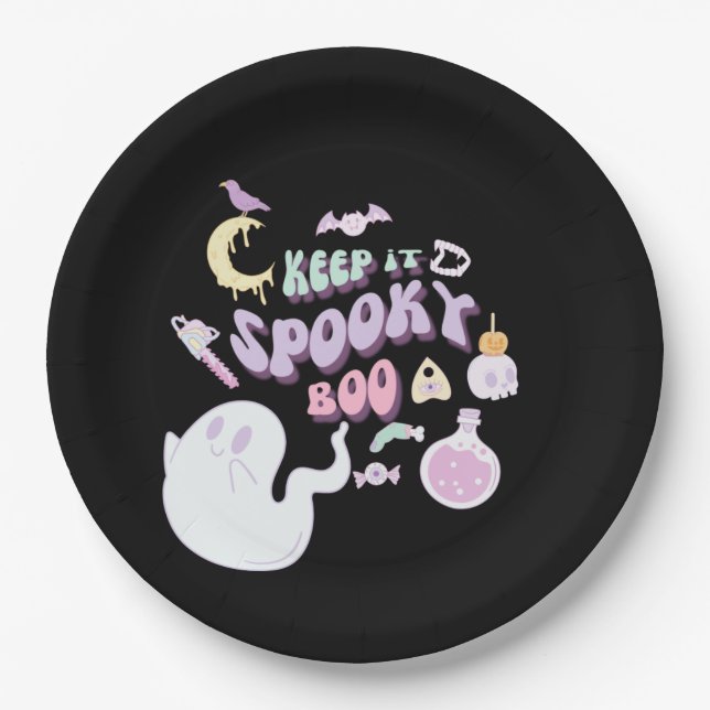 Pastel Spooky Ghost & Gang Black Halloween Paper Plates (Front)