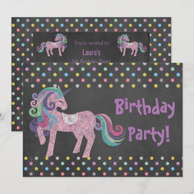 PASTEL SPOT UNICORN BIRTHDAY PARTY CHALKBOARD INVITATION (Front/Back)