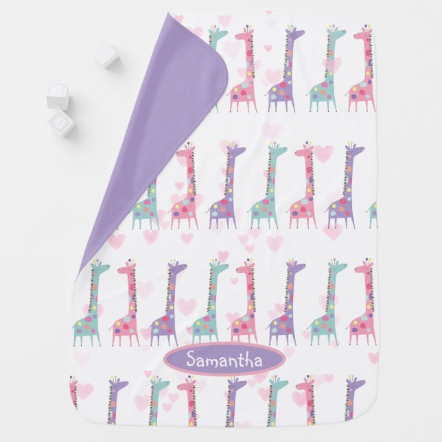Pastel Spotted Giraffes on Hearts Baby Blanket (In Situ)