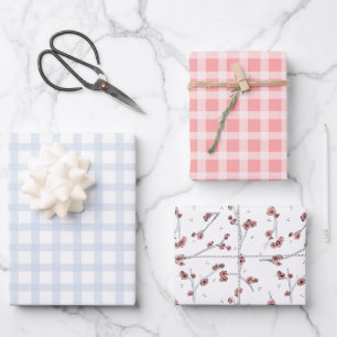 Pastel spring blue and pink tartan and Sakura Wrapping Paper Sheets