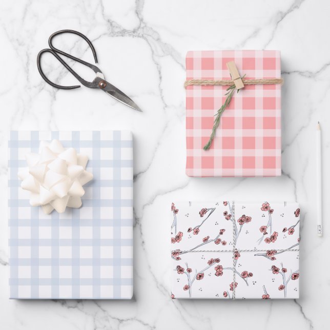 Pastel spring blue and pink tartan and Sakura Wrapping Paper Sheets (Front)