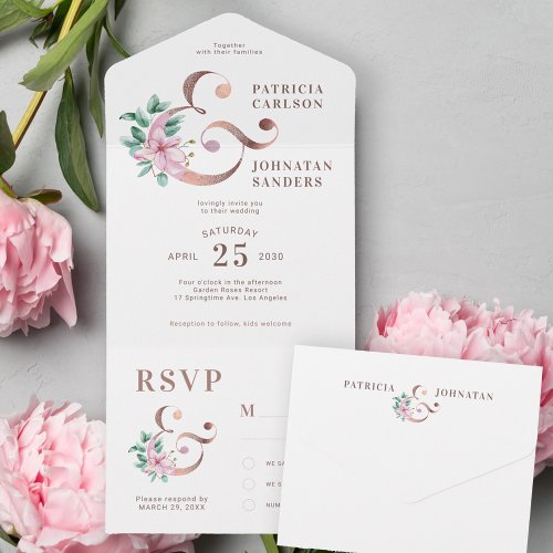 Pastel spring blush pink floral elegant wedding all in one invitation