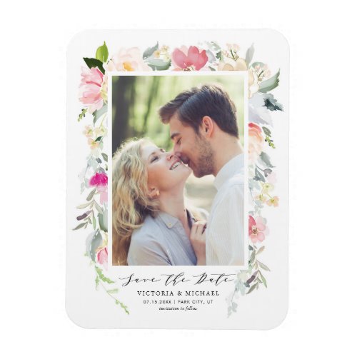 Pastel Spring Floral Blooms Frame Save the Date Magnet