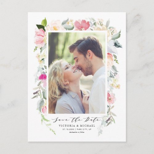 Pastel Spring Floral Frame Photo Save the Date Announcement Postcard