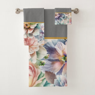 PASTEL SPRING FLORAL GREY BATHROOM TOWEL SET