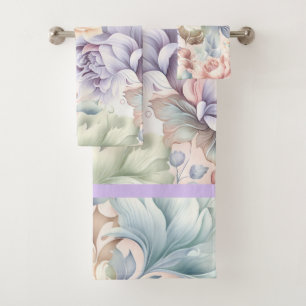 PASTEL SPRING FLORAL LILAC BATHROOM TOWEL SET