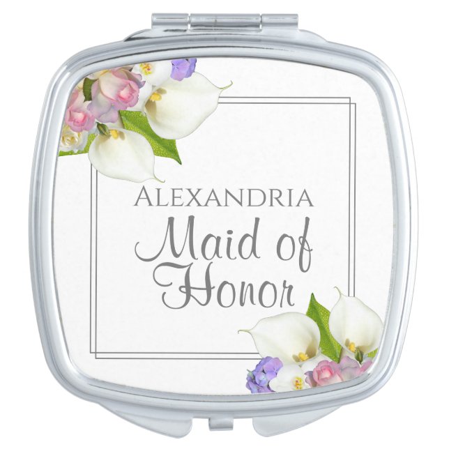 Pastel Spring Floral Maid of Honor Wedding Favor Compact Mirror (Front)