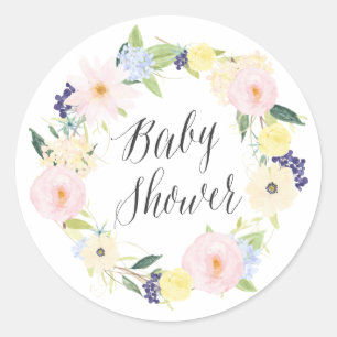 Pastel Spring Floral Wreath Baby Shower Stamp Classic Round Sticker