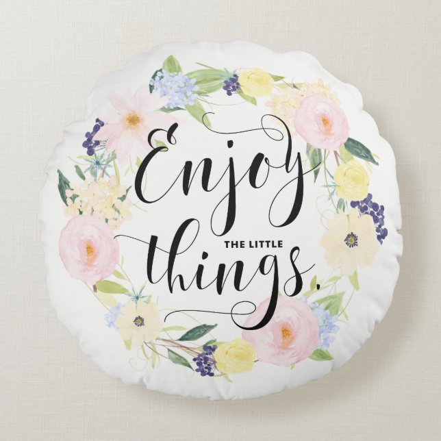 Pastel Spring Floral Wreath Enjoy Whimsical Script Round Pillow (Front)