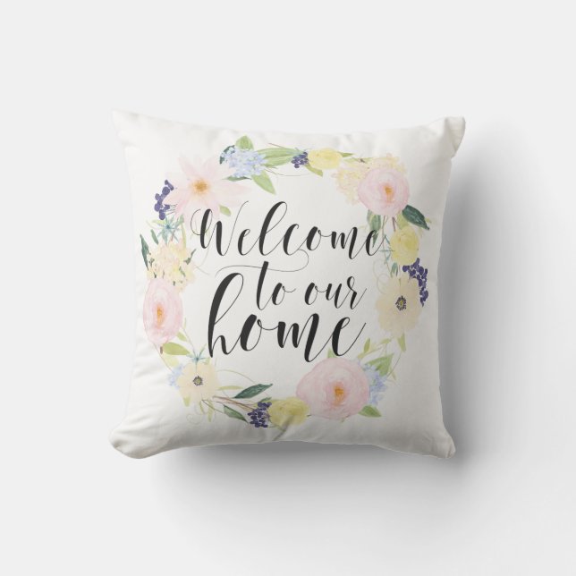 Pastel Spring Floral Wreath Welcome To Our Home Outdoor Pillow (Front)