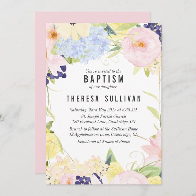 Pastel Spring Flowers Baptism Invitation (Front/Back)