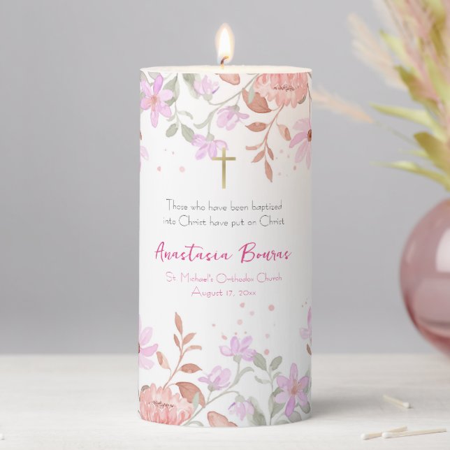 Pastel Spring Flowers Baptism Orthodox Christian Pillar Candle (In Situ)