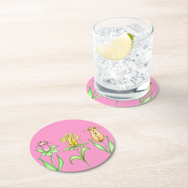 Pastel Spring Flowers Round Paper Coaster (Insitu)