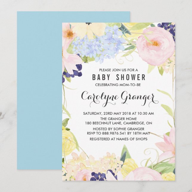 Pastel Spring Flowers Watercolour Baby Shower Invitation (Front/Back)