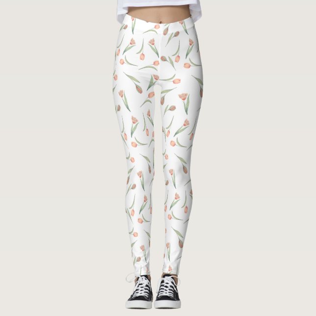 Pastel Spring Tulip Pattern Pink & Green Leggings (Front)