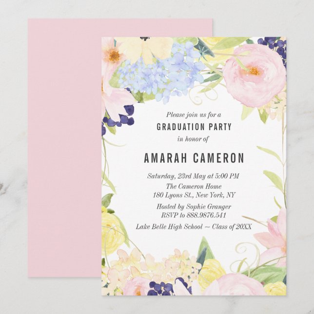 Pastel Spring Watercolor Flowers Graduation Party Invitation (Front/Back)