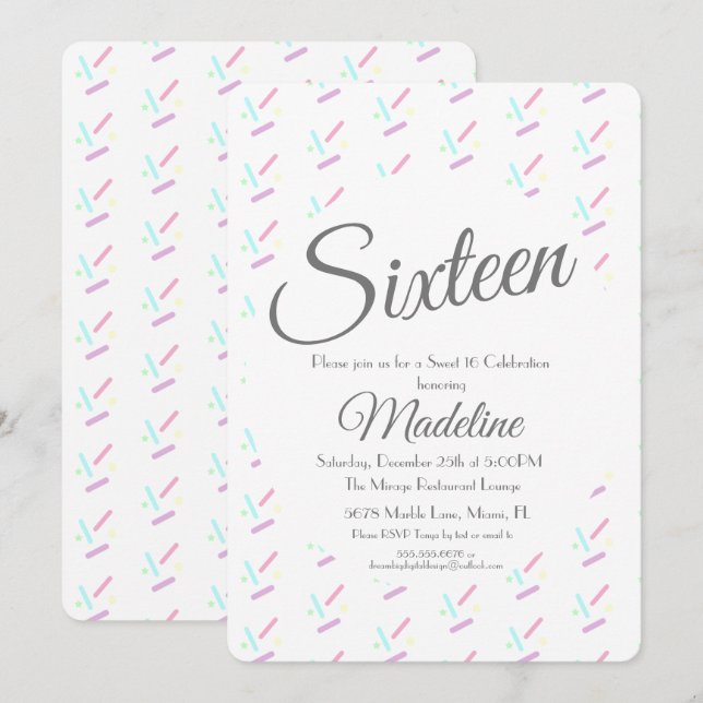 Pastel Sprinkles Ice Cream Party Sweet 16 Quince Invitation (Front/Back)