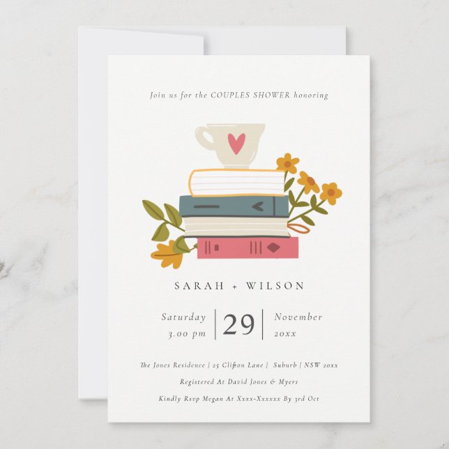 Pastel Stacked Books Floral Couples Shower Invite (Front)