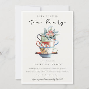 Pastel Stacked Cups Baby Shower Tea Party Invite
