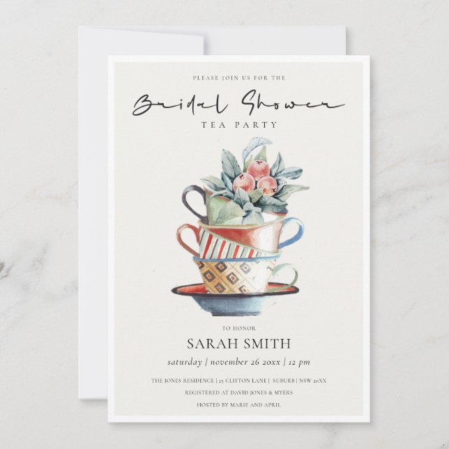Pastel Stacked Cups Bridal Shower Tea Party Invite (Front)