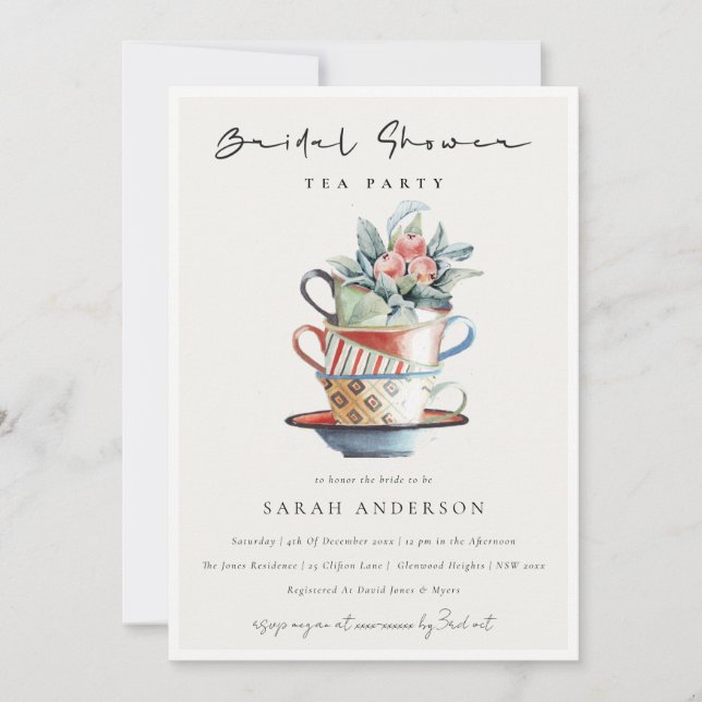 Pastel Stacked Cups Bridal Shower Tea Party Invite (Front)