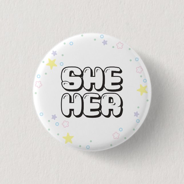Pastel Star Confetti She/Her Pronouns  Button (Front)