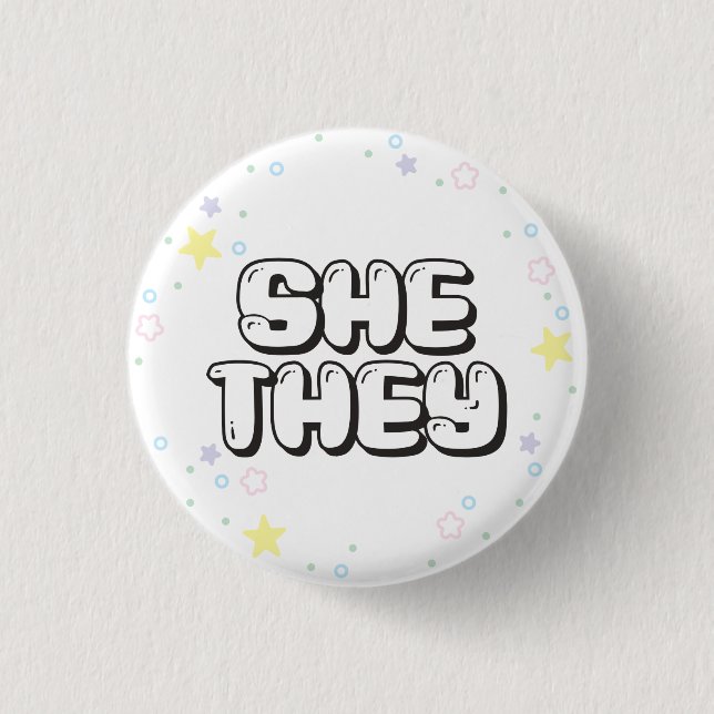 Pastel Star Confetti She/They Pronouns  Button (Front)