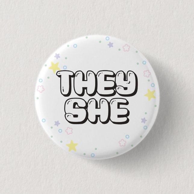 Pastel Star Confetti They/She Pronouns  Button (Front)