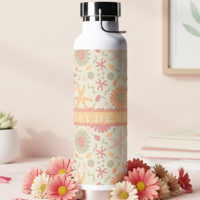 Pastel Starfish And Flowers Water Bottle (Soft pastel colors for the fresh feminine look. Work, school or play, it just fits.)